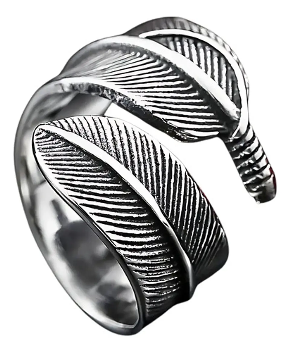 Anillo Color Plata Pluma Bohemia Acero Inoxidable Hombre 1
