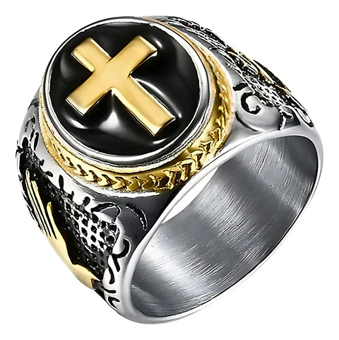 Anillo Color Plata Cruz Mano De Dios Acero Inoxidable Hombre