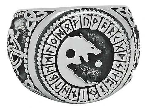 Anillo Color Plata Vikingo Lobo Runa Acero Inoxidable Hombre