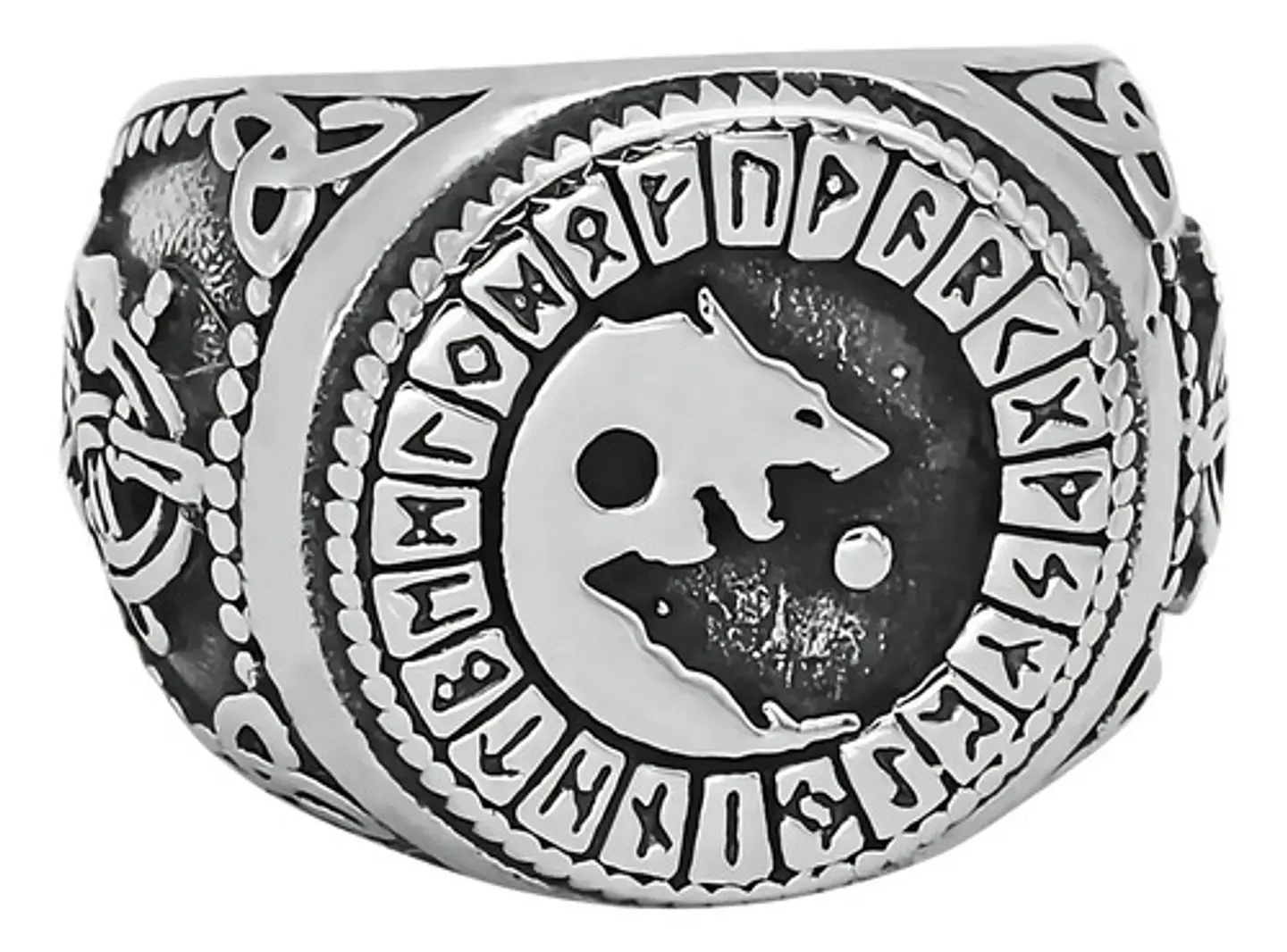Anillo Color Plata Vikingo Lobo Runa Acero Inoxidable Hombre 1