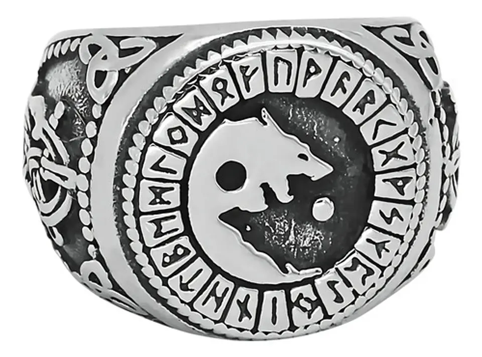 Anillo Color Plata Vikingo Lobo Runa Acero Inoxidable Hombre 1