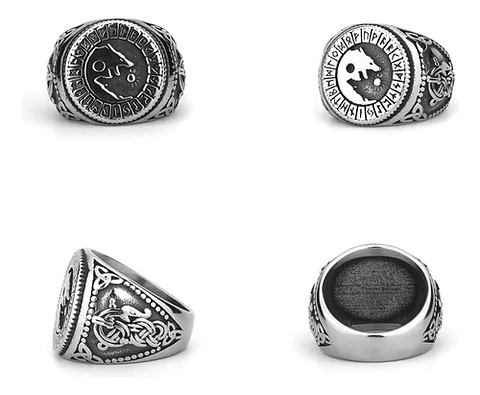Anillo Color Plata Vikingo Lobo Runa Acero Inoxidable Hombre