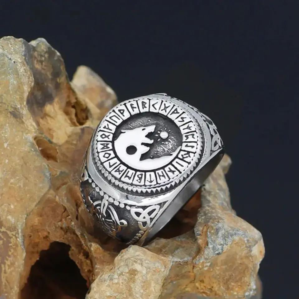 Anillo Color Plata Vikingo Lobo Runa Acero Inoxidable Hombre 5