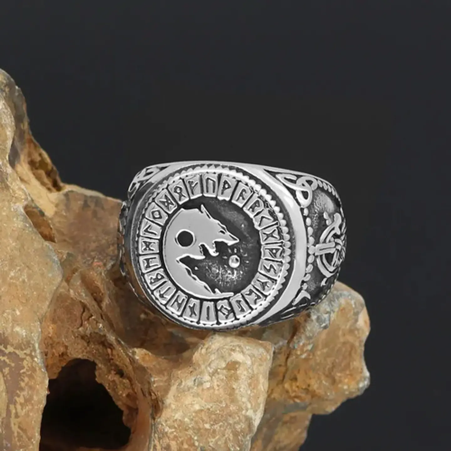 Anillo Color Plata Vikingo Lobo Runa Acero Inoxidable Hombre 6