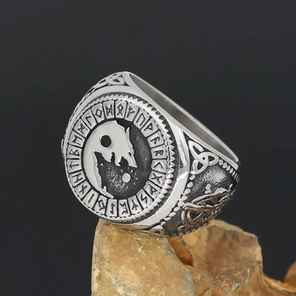 Anillo Color Plata Vikingo Lobo Runa Acero Inoxidable Hombre 7