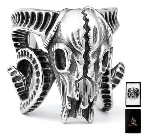 Anillo Hombre Cráneo Carnero Cabra Calaver Acero Color Plata
