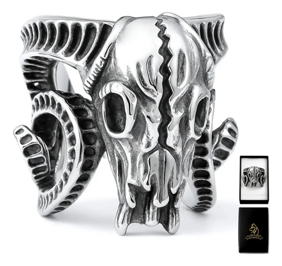Anillo Hombre Cráneo Carnero Cabra Calaver Acero Color Plata 1