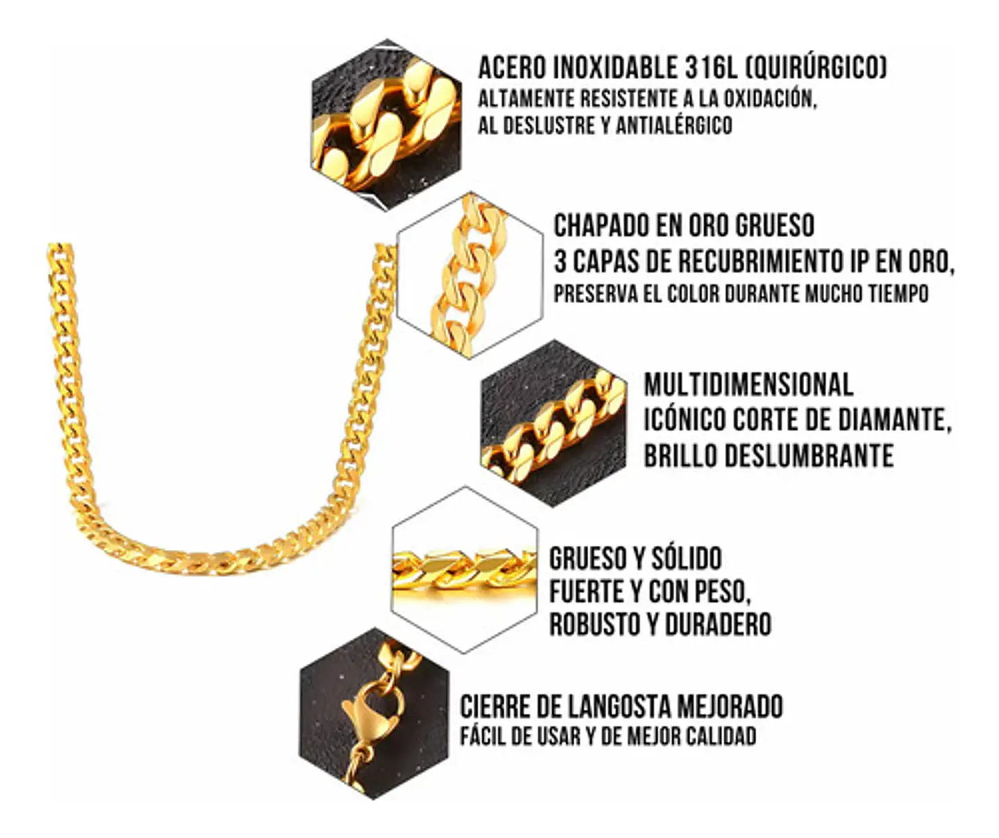 Cadena 60 Cm Acero Inoxidable Cubana Color Oro 7 Mm Hombre 5