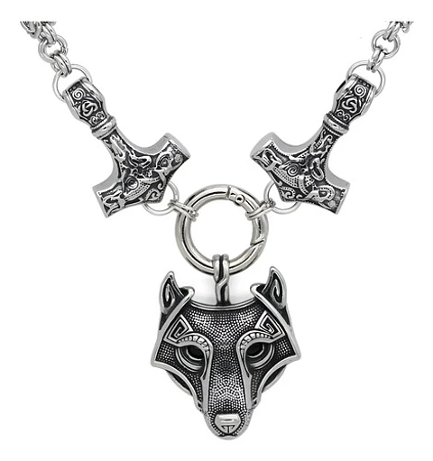 Gran Collar Vikingo En Acero Hombre Dije Doble Martillo Lobo