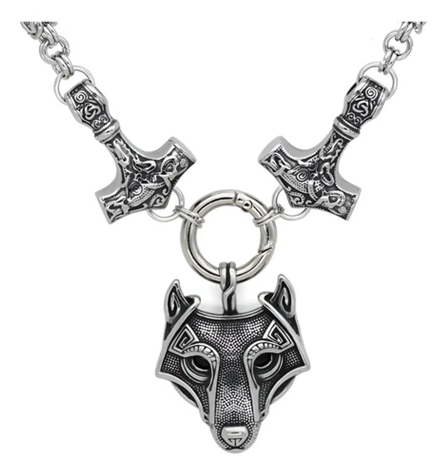 Gran Collar Vikingo En Acero Hombre Dije Doble Martillo Lobo 1