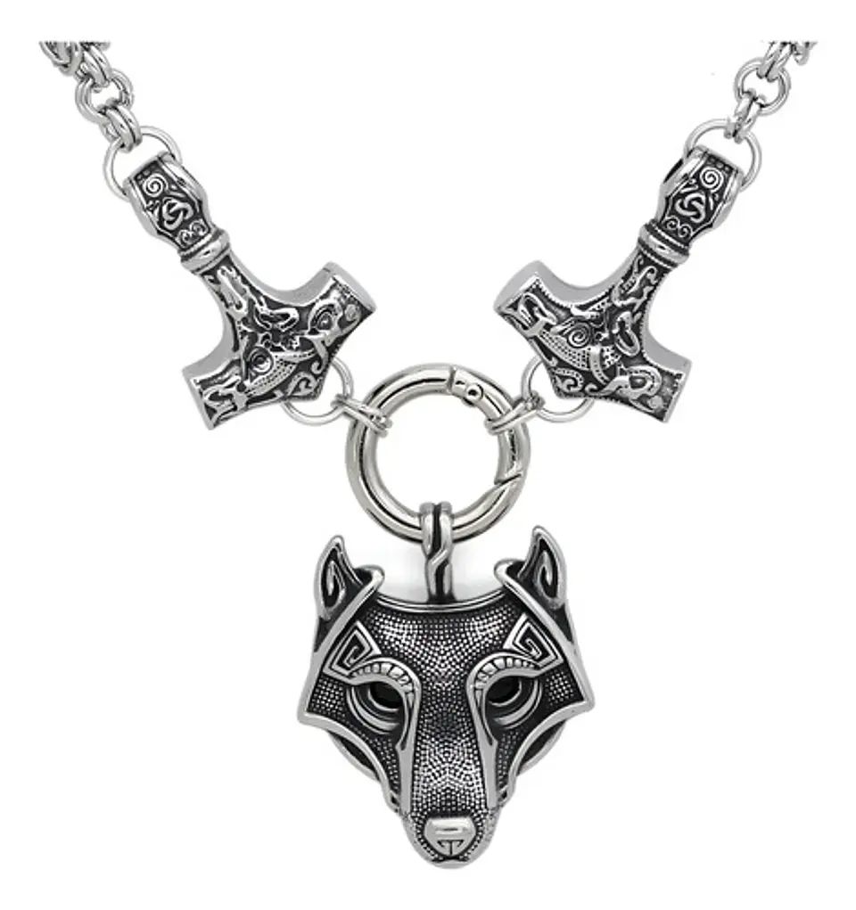 Gran Collar Vikingo En Acero Hombre Dije Doble Martillo Lobo 1