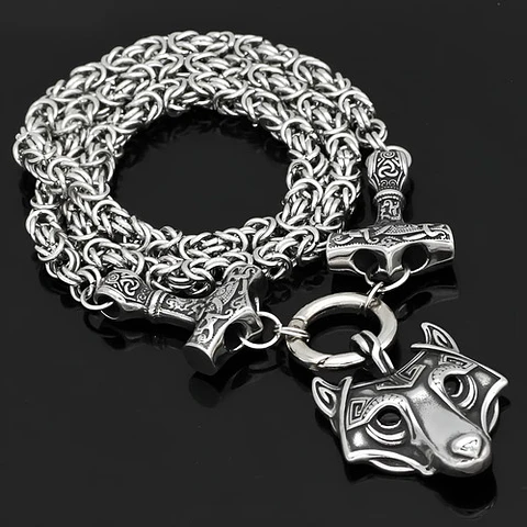 Gran Collar Vikingo En Acero Hombre Dije Doble Martillo Lobo