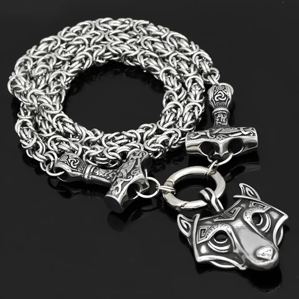 Gran Collar Vikingo En Acero Hombre Dije Doble Martillo Lobo 2