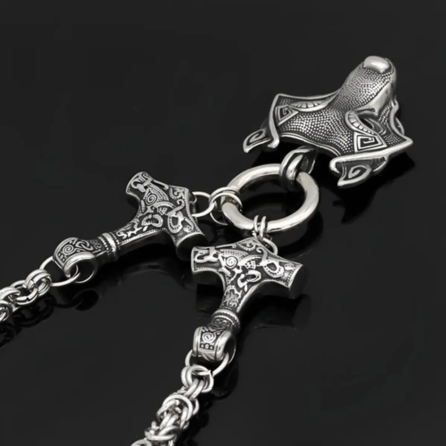 Gran Collar Vikingo En Acero Hombre Dije Doble Martillo Lobo 4