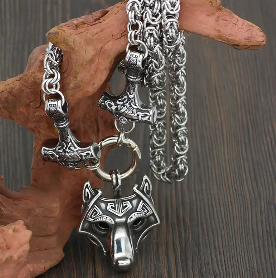 Gran Collar Vikingo En Acero Hombre Dije Doble Martillo Lobo 6