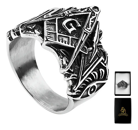 Anillo Color Plata Masón Relieve Acero Inoxidable Hombre