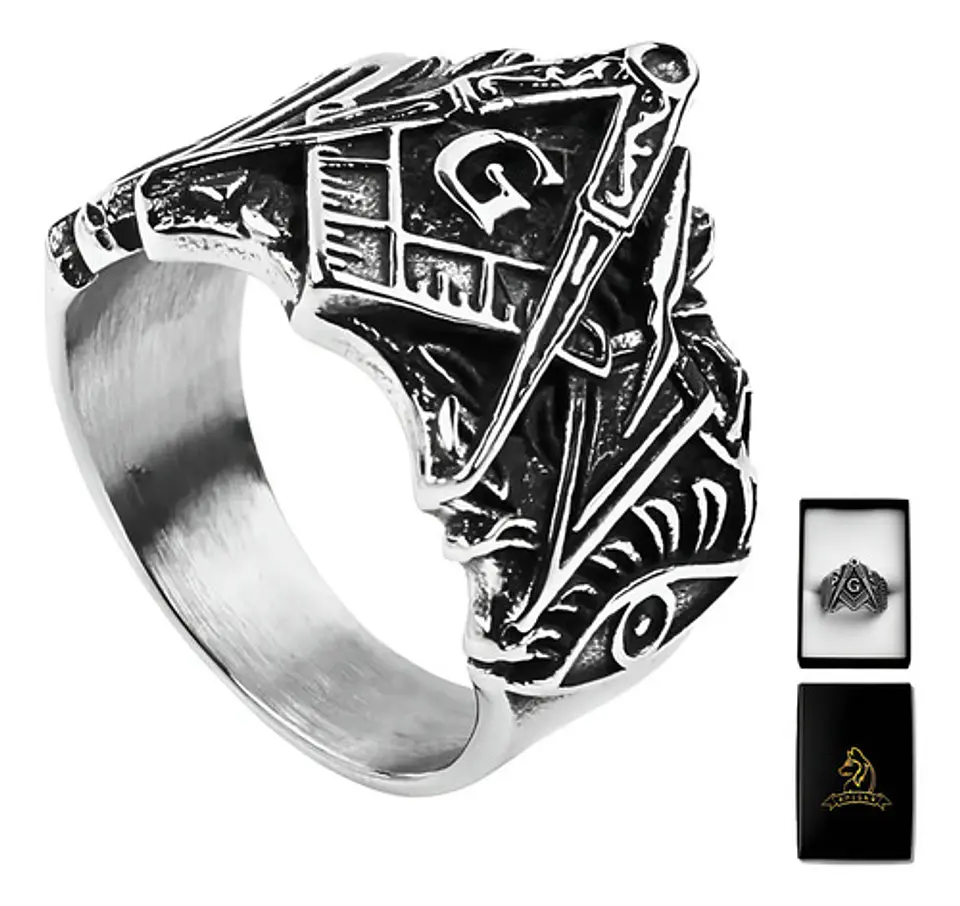 Anillo Color Plata Masón Relieve Acero Inoxidable Hombre 1