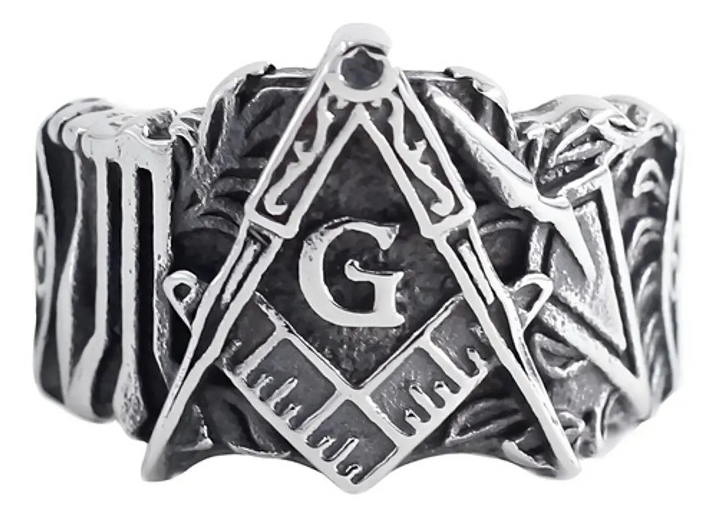 Anillo Color Plata Masón Relieve Acero Inoxidable Hombre 2