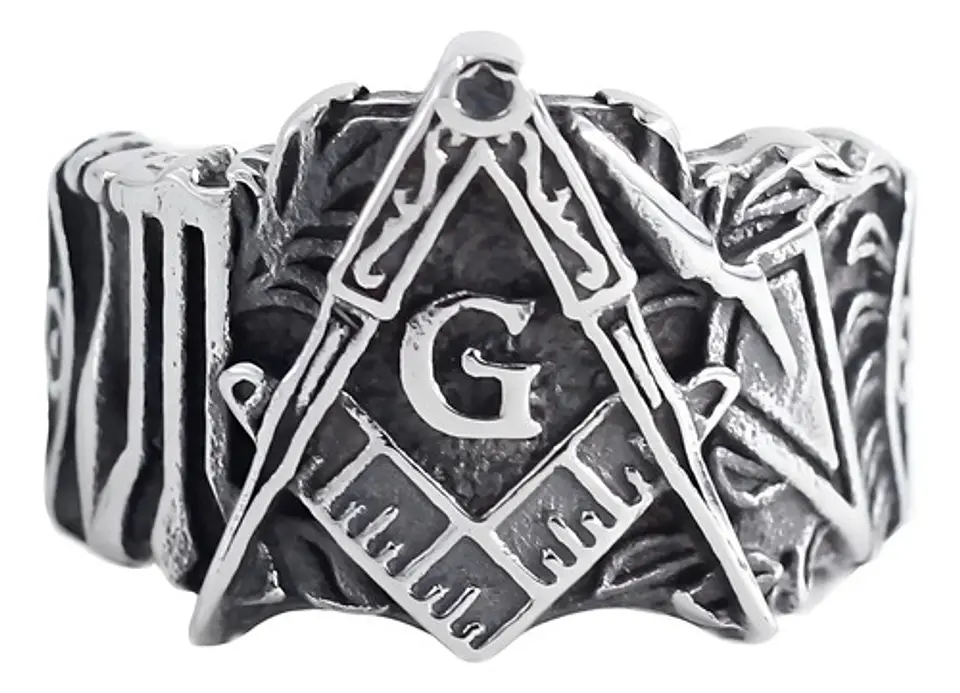 Anillo Color Plata Masón Relieve Acero Inoxidable Hombre 2