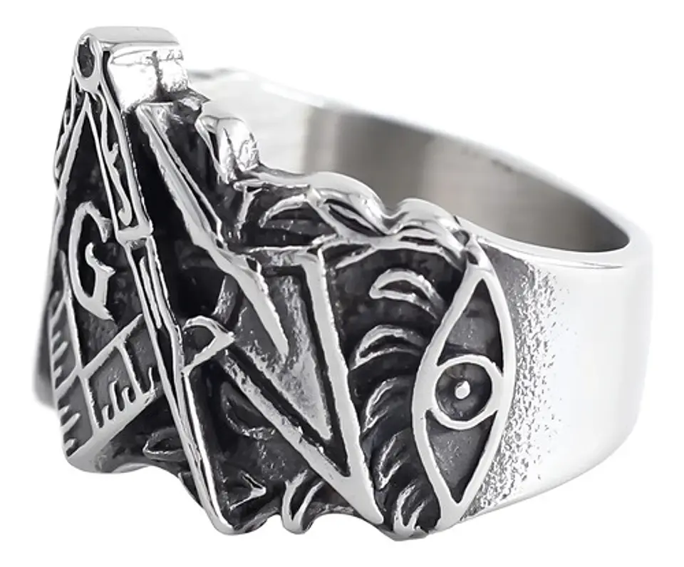 Anillo Color Plata Masón Relieve Acero Inoxidable Hombre 3