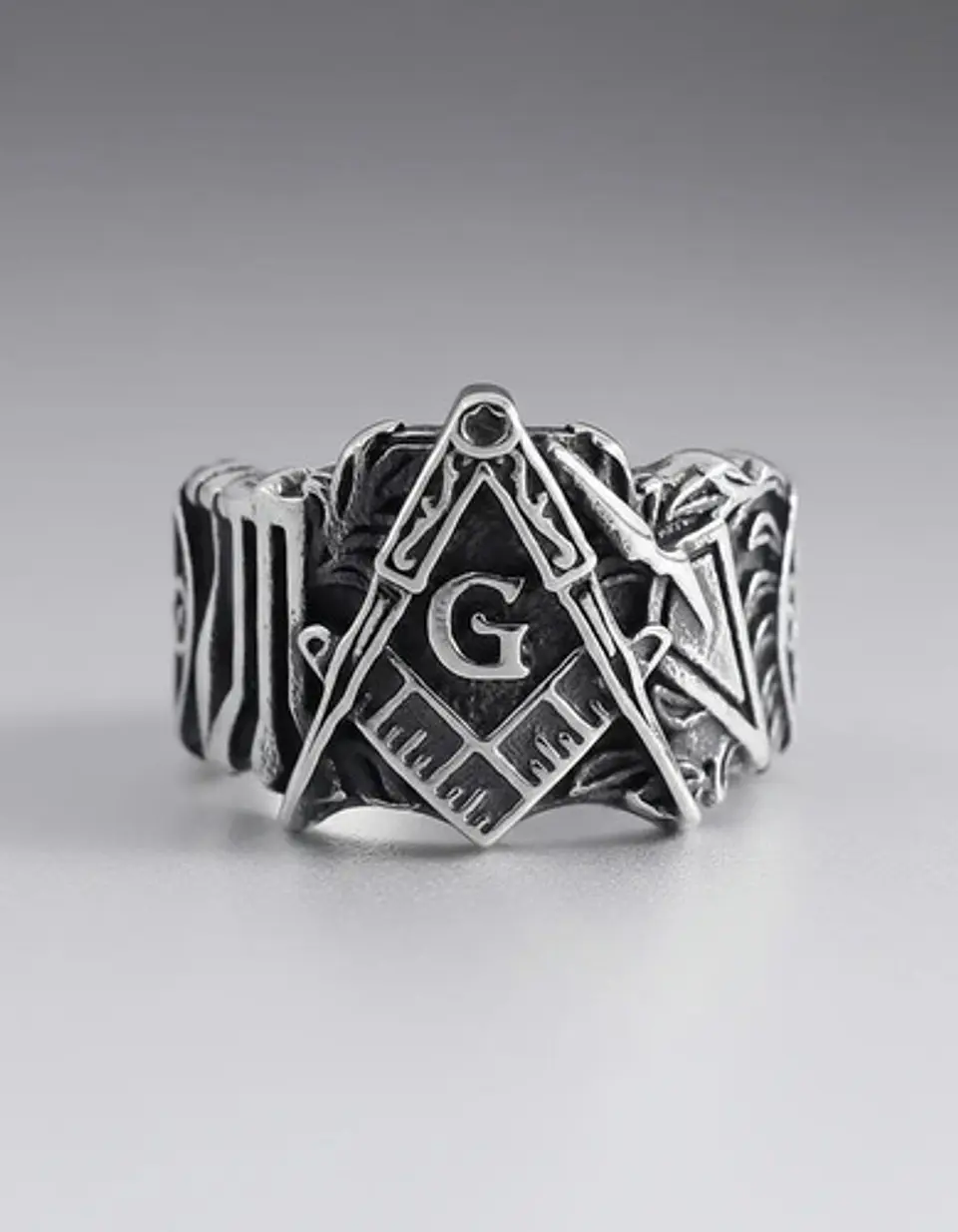 Anillo Color Plata Masón Relieve Acero Inoxidable Hombre 6