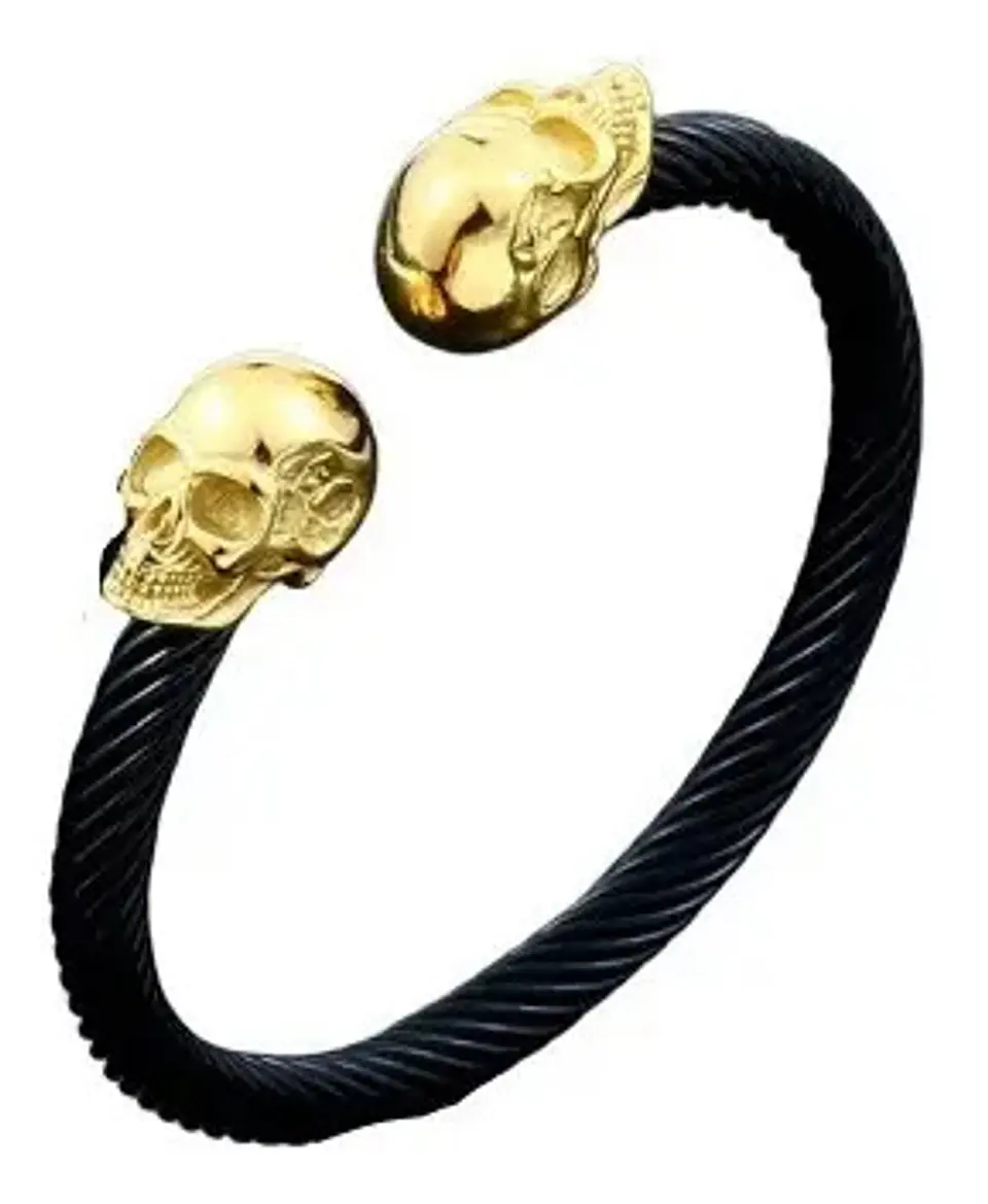 Pulsera Brazalete Acero Inoxidable Color Oro Cráneos Hombre 2