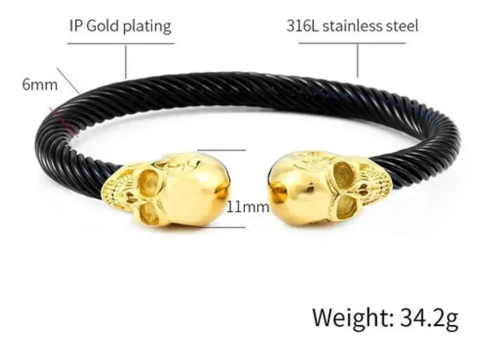 Pulsera Brazalete Acero Inoxidable Color Oro Cráneos Hombre 3