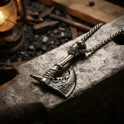 Collar Vikingo En Acero Para Hombre Dije Hacha Nórdica Runas