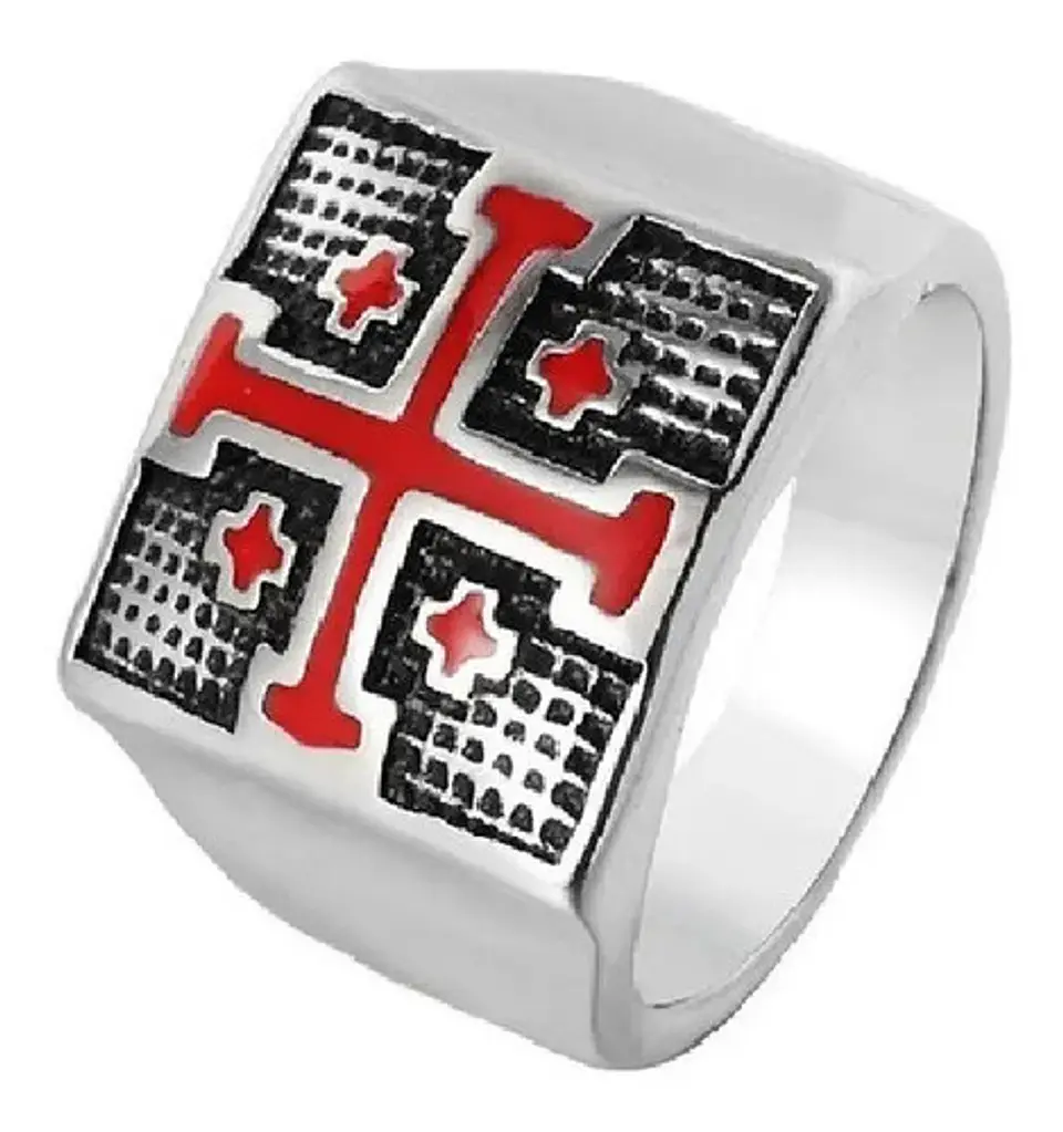 Anillo Color Plata Cruz De Jerusalén Acero Inoxidable Hombre 1