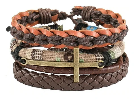 Set De Manillas Pulsera De Cuero Cruz Para Hombre Y Mujer 