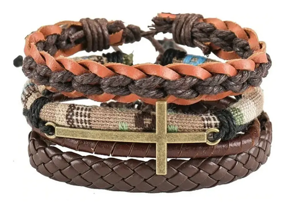 Set De Manillas Pulsera De Cuero Cruz Para Hombre Y Mujer  1