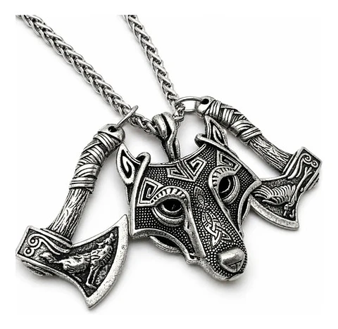 Collar Vikingo Para Hombre Dije Lobo Doble Hacha Cadena 60cm