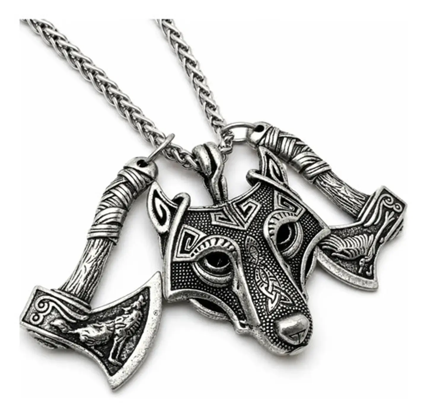 Collar Vikingo Para Hombre Dije Lobo Doble Hacha Cadena 60cm 1
