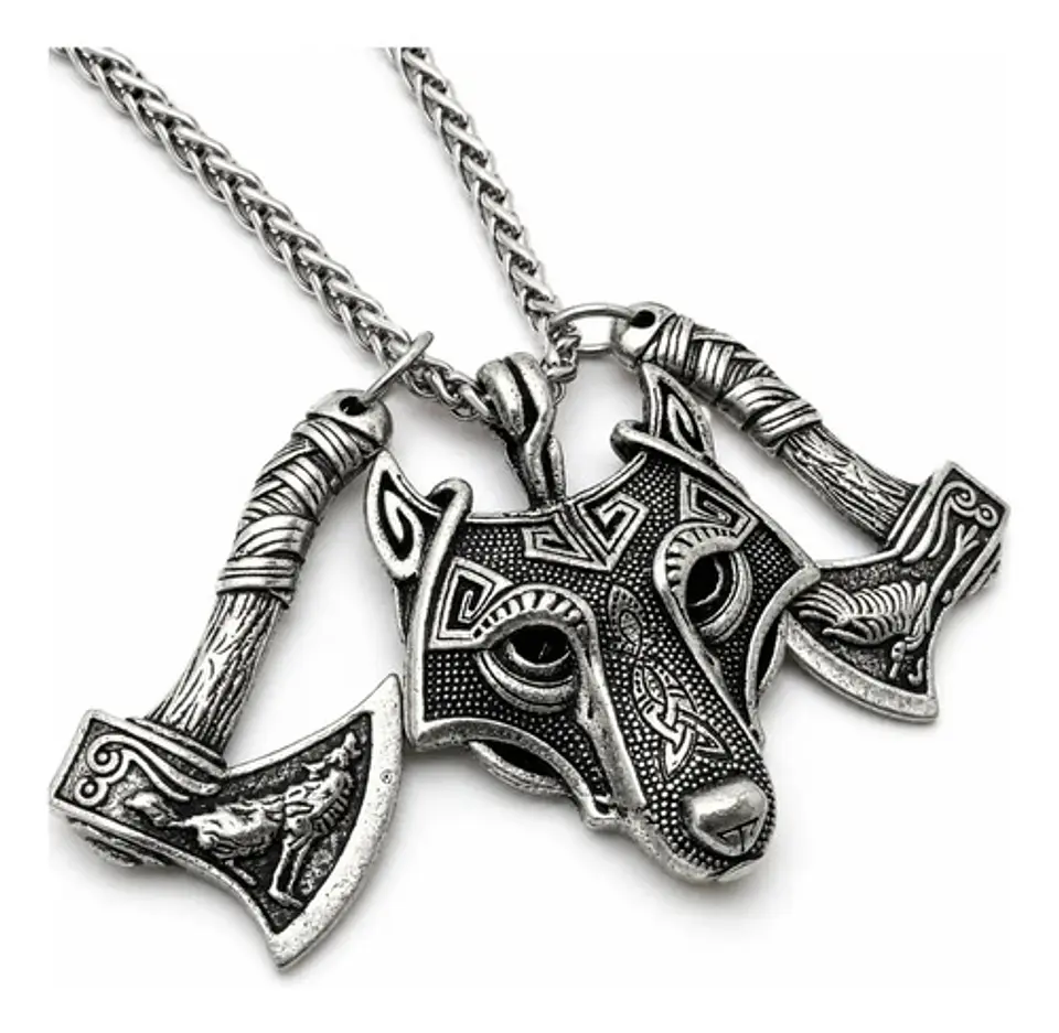 Collar Vikingo Para Hombre Dije Lobo Doble Hacha Cadena 60cm 1