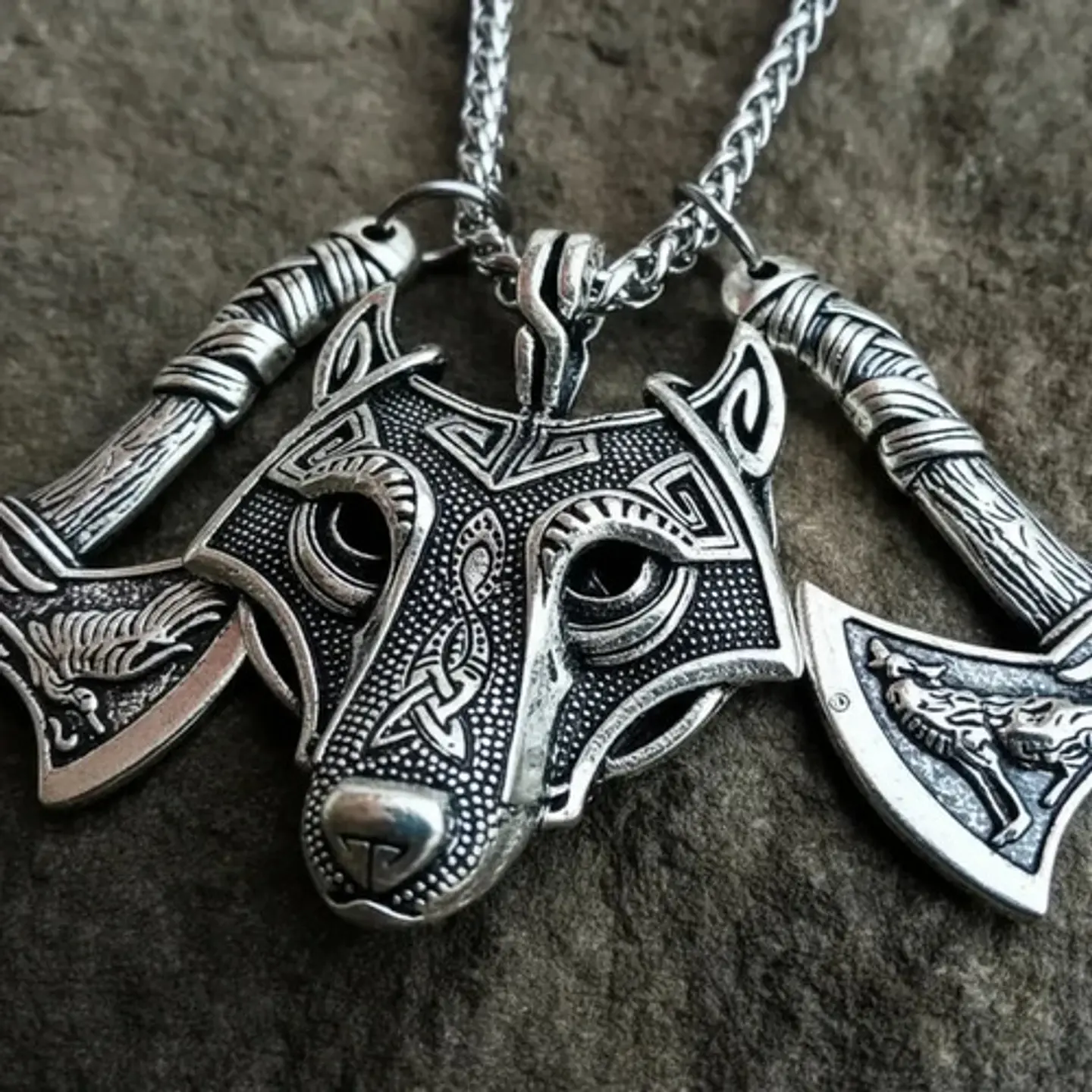 Collar Vikingo Para Hombre Dije Lobo Doble Hacha Cadena 60cm 4
