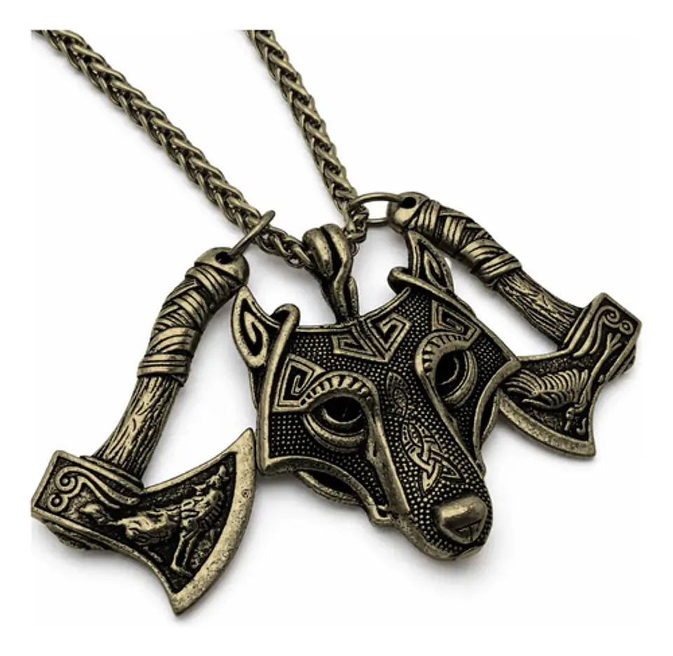 Collar Vikingo Para Hombre Dije Lobo Doble Hacha Cadena 60cm 11