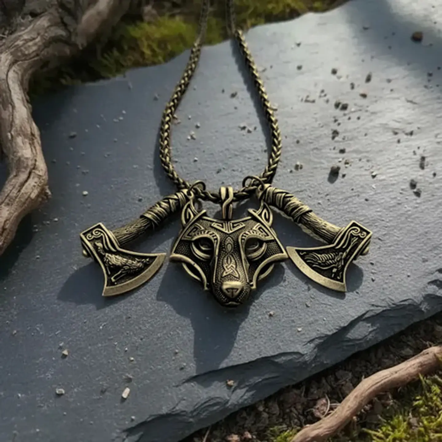 Collar Vikingo Para Hombre Dije Lobo Doble Hacha Cadena 60cm 14