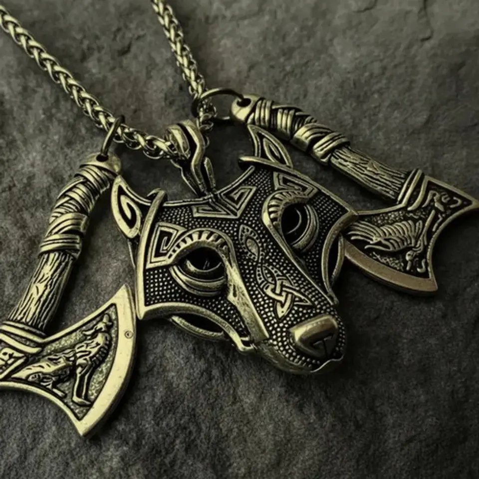Collar Vikingo Para Hombre Dije Lobo Doble Hacha Cadena 60cm 17