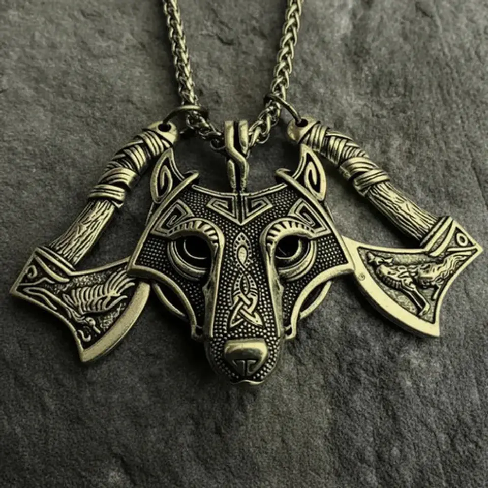 Collar Vikingo Para Hombre Dije Lobo Doble Hacha Cadena 60cm 18