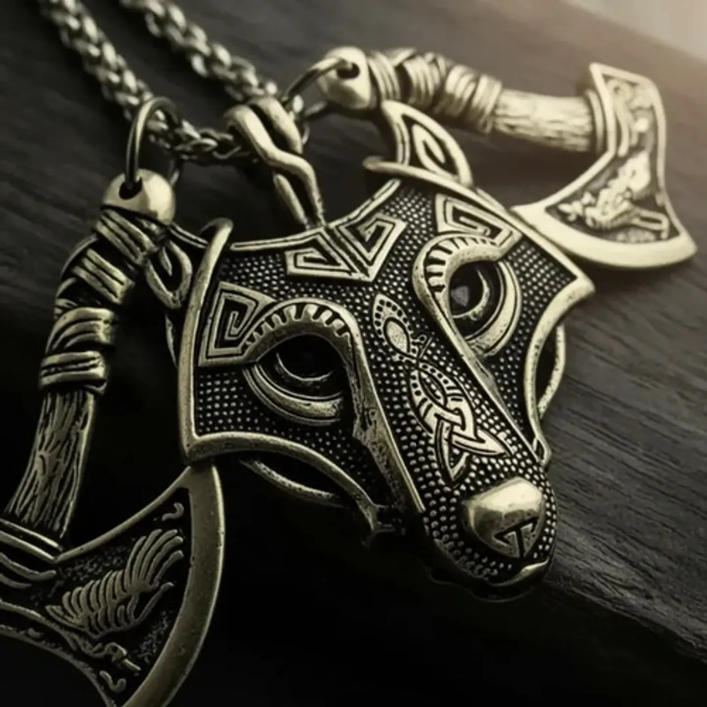 Collar Vikingo Para Hombre Dije Lobo Doble Hacha Cadena 60cm 19
