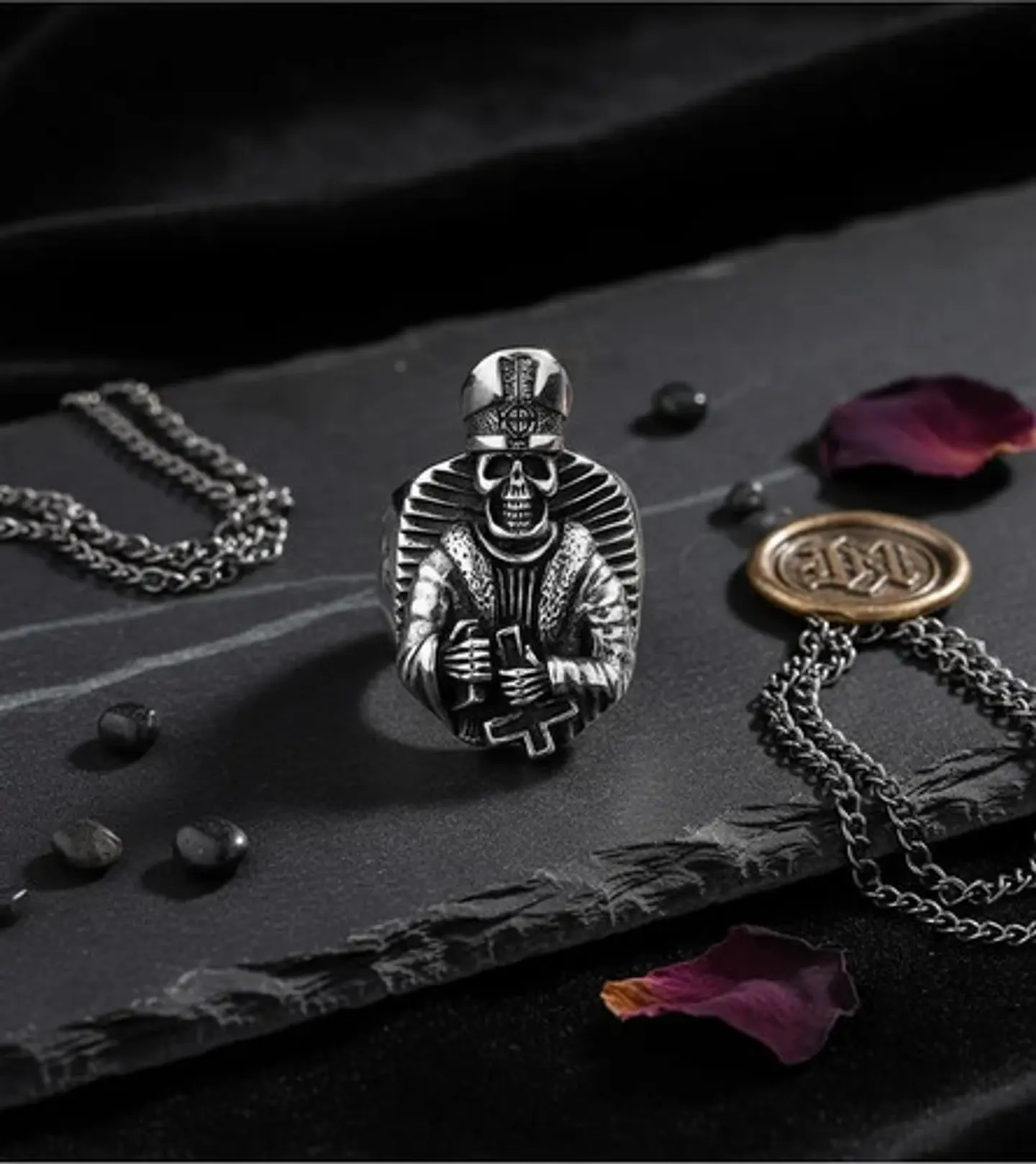Anillo Para Hombre Forma De Esqueleto Cruz Invertida Cráneo 8
