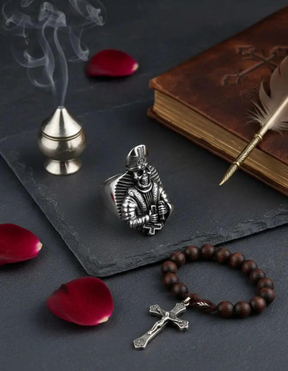 Anillo Para Hombre Forma De Esqueleto Cruz Invertida Cráneo 9