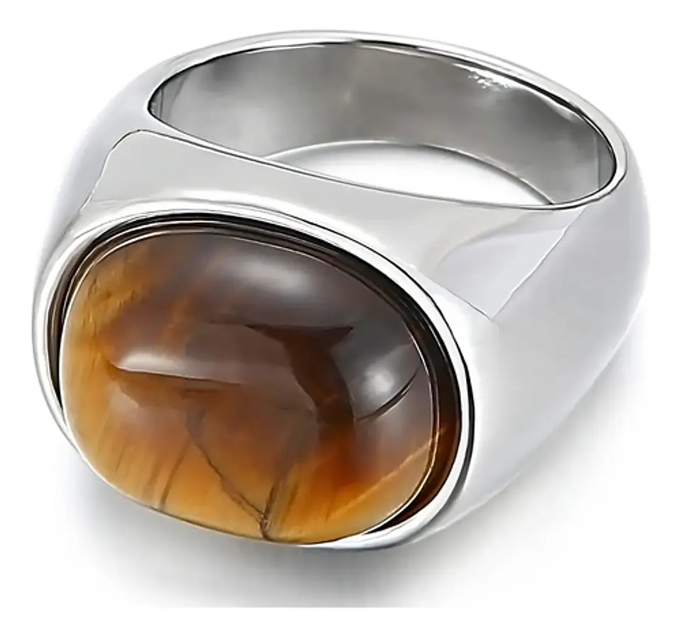 Anillo Color Oro Piedra Ojo De Tigre Acero Inoxidable Hombre 2