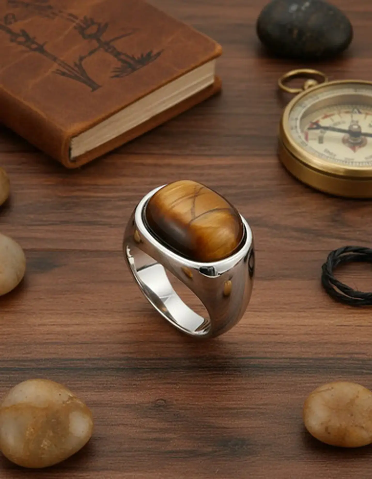 Anillo Color Oro Piedra Ojo De Tigre Acero Inoxidable Hombre 5