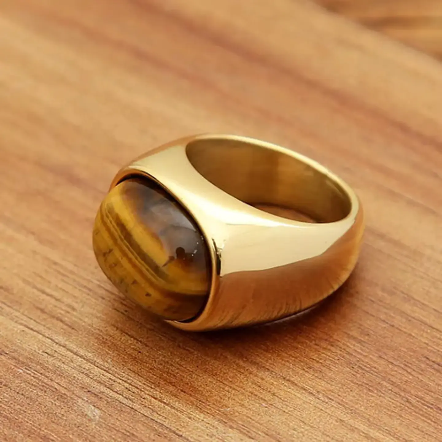 Anillo Color Oro Piedra Ojo De Tigre Acero Inoxidable Hombre 13