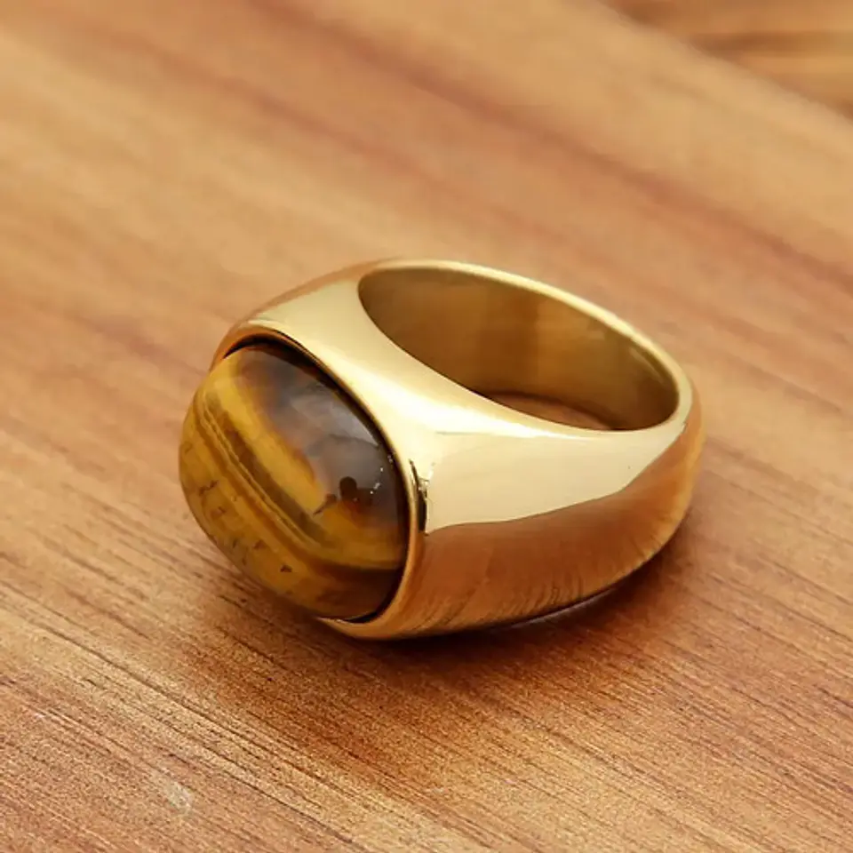 Anillo Color Oro Piedra Ojo De Tigre Acero Inoxidable Hombre 13