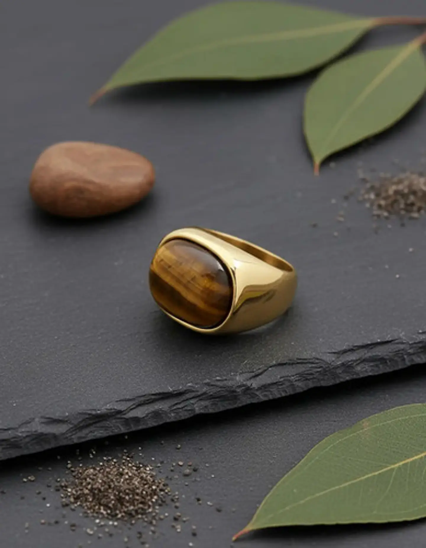 Anillo Color Oro Piedra Ojo De Tigre Acero Inoxidable Hombre 15