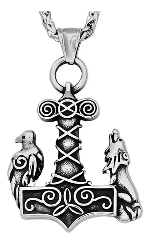 Collar Acero Inoxidable Color Plata Vikingo Cuervos Hombre