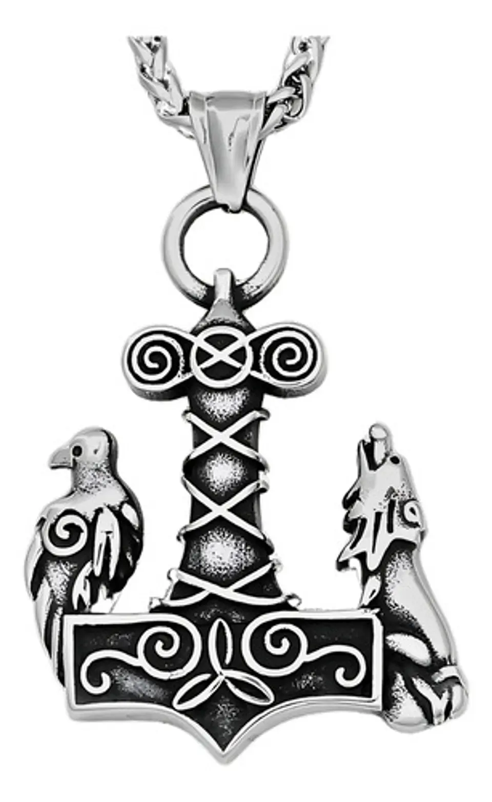 Collar Acero Inoxidable Color Plata Vikingo Cuervos Hombre 1
