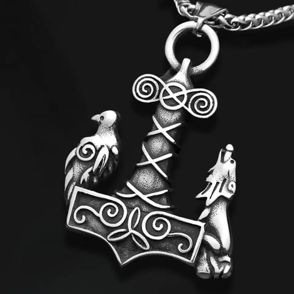 Collar Acero Inoxidable Color Plata Vikingo Cuervos Hombre 3